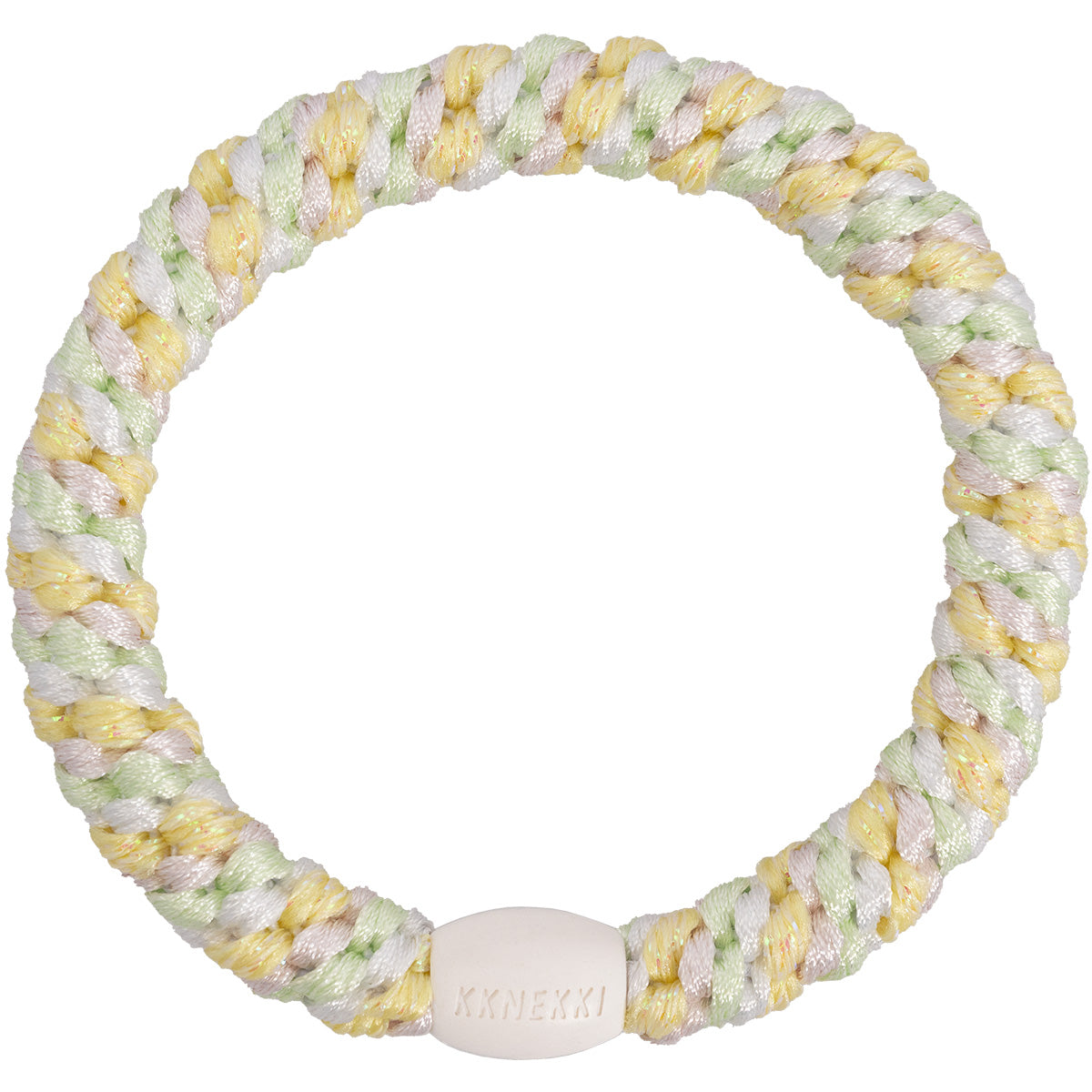 KKNEKKI Haargummi Mix in Mint-Gelb mit charakteristischem Webdesign, sanfter Halt ohne Haarbruch, wasserfest und farbecht, mit Perle aus recyceltem Kunststoff