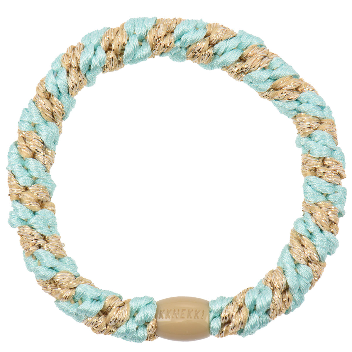 KKNEKKI Haargummi Stripe in Peppermint - Beige mit charakteristischem Webdesign, schlanke Silhouette, sanfter Halt ohne Haarbruch, wasserfest und farbecht, mit Perle aus recyceltem Kunststoff