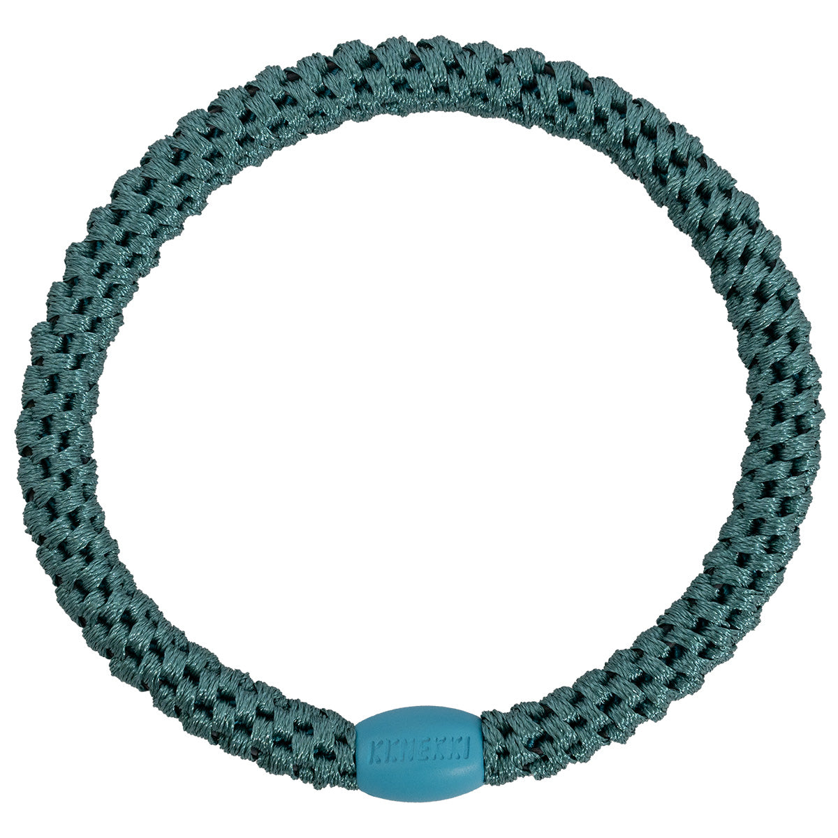 KKNEKKI Slim Haargummi in Petrol Grün mit charakteristischem Webdesign, schlanke Silhouette, sanfter Halt ohne Haarbruch, wasserfest und farbecht, mit Perle aus recyceltem Kunststoff