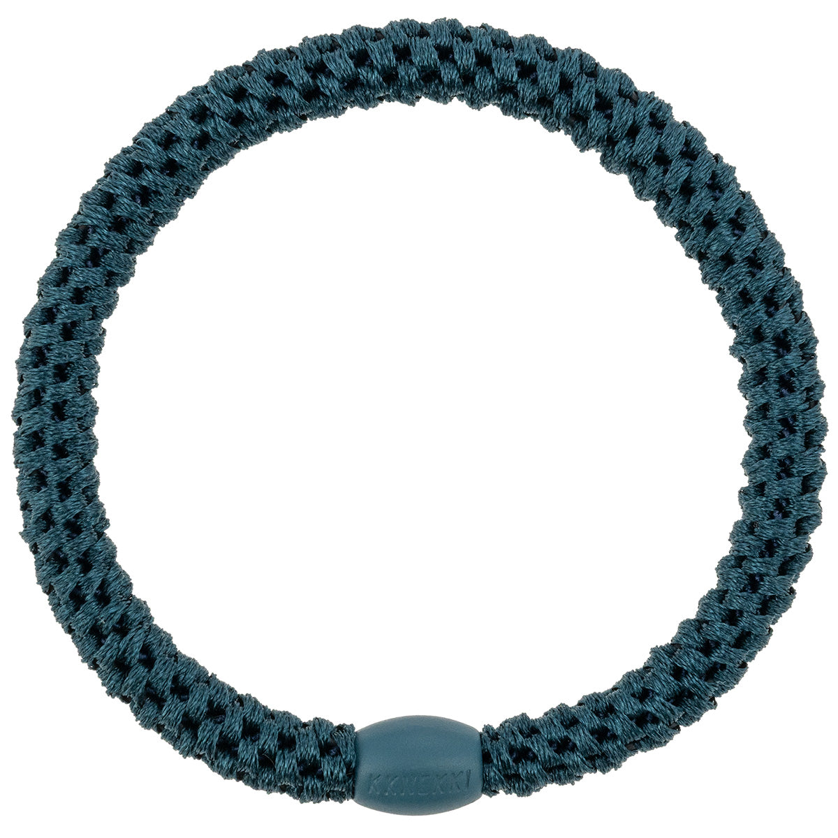 KKNEKKI Slim Haargummi in Petrol mit charakteristischem Webdesign, schlanke Silhouette, sanfter Halt ohne Haarbruch, wasserfest und farbecht, mit Perle aus recyceltem Kunststoff