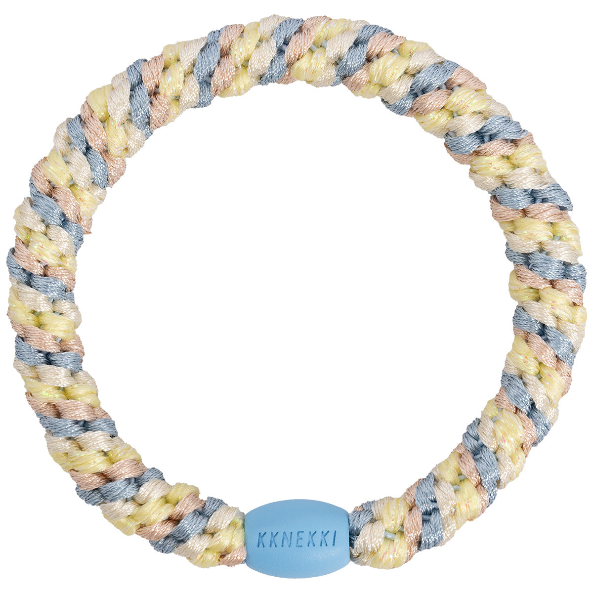 KKNEKKI Haargummi Mix in seablue - gelb mit charakteristischem Webdesign, sanfter Halt ohne Haarbruch, wasserfest und farbecht, mit Perle aus recyceltem Kunststoff