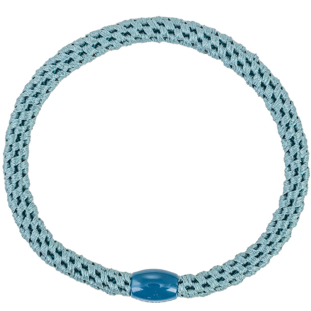 KKNEKKI Slim Haargummi in Teal mit charakteristischem Webdesign, schlanke Silhouette, sanfter Halt ohne Haarbruch, wasserfest und farbecht, mit Perle aus recyceltem Kunststoff