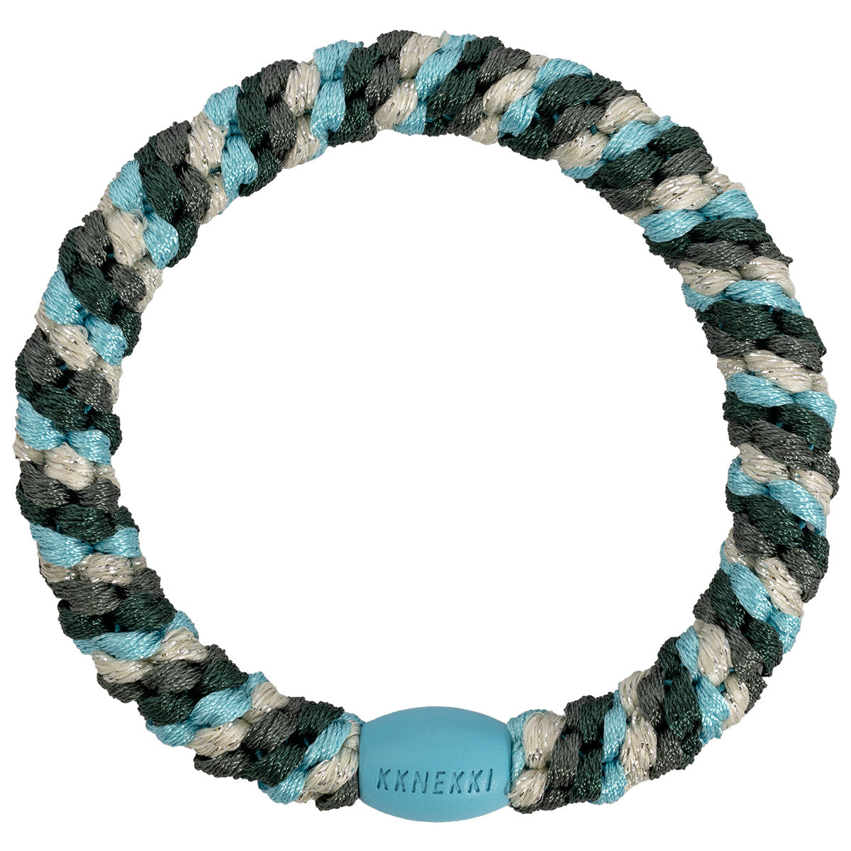 KKNEKKI Haargummi Mix in turquoise-jungle mit charakteristischem Webdesign, sanfter Halt ohne Haarbruch, wasserfest und farbecht, mit Perle aus recyceltem Kunststoff