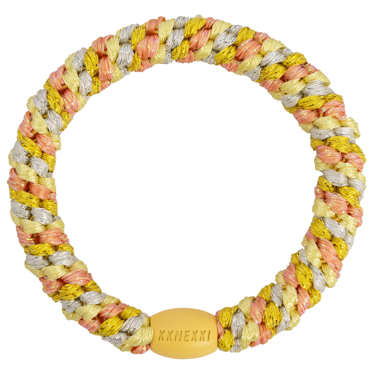 KKNEKKI Haargummi Mix in gelb - peach mit charakteristischem Webdesign, sanfter Halt ohne Haarbruch, wasserfest und farbecht, mit Perle aus recyceltem Kunststoff