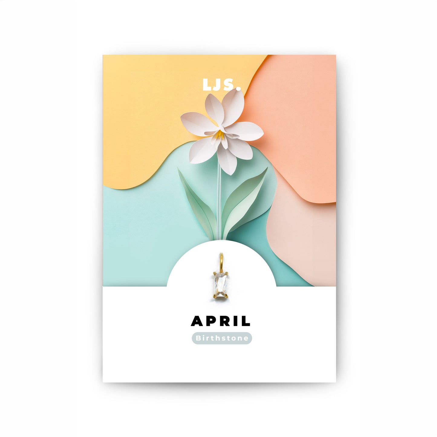 Schmuckanhänger mit weißem Zirkonia-Kristall als Geburtsstein für das Monat April, auf einer Geschenkkarte von Little Jewellery Stories