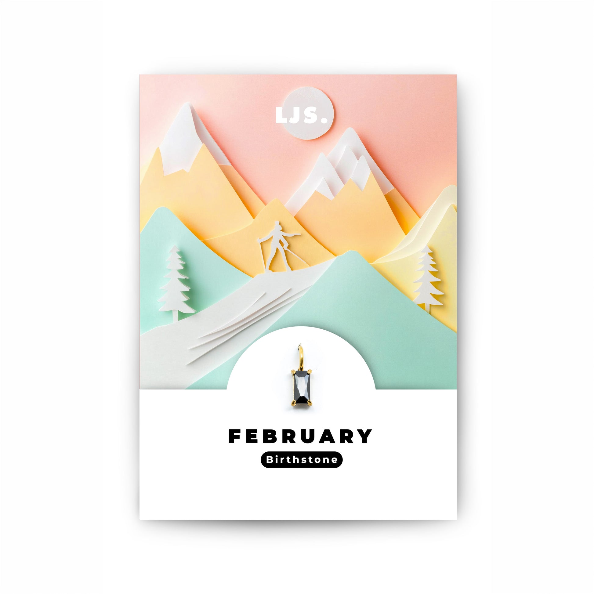 Schmuckanhänger mit schwarzem Zirkonia-Kristall als Geburtsstein für das Monat Februar, auf einer Geschenkkarte von Little Jewellery Stories