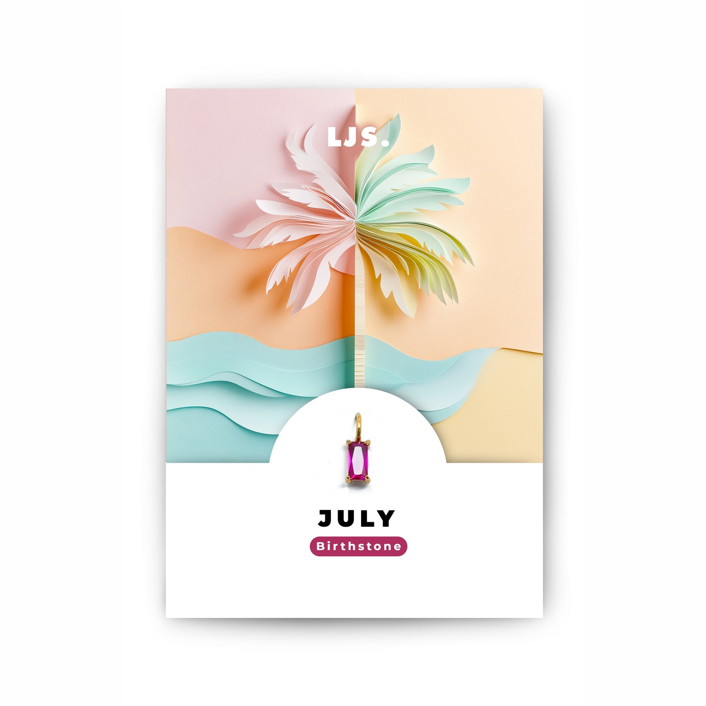 Schmuckanhänger mit pinkem Zirkonia-Kristall als Geburtsstein für das Monat Juli, auf einer Geschenkkarte von Little Jewellery Stories