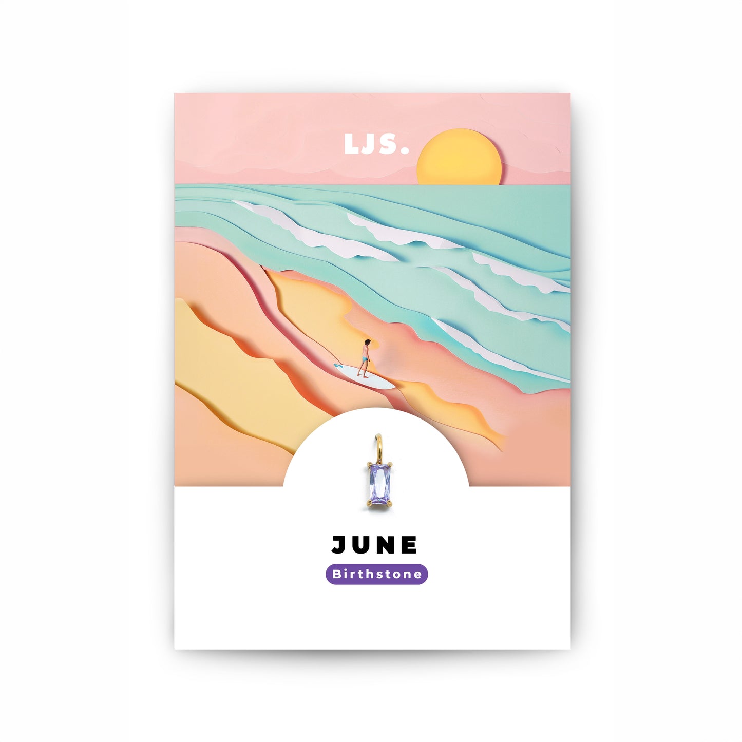Schmuckanhänger mit lila Zirkonia-Kristall als Geburtsstein für das Monat Juni, auf einer Geschenkkarte von Little Jewellery Stories