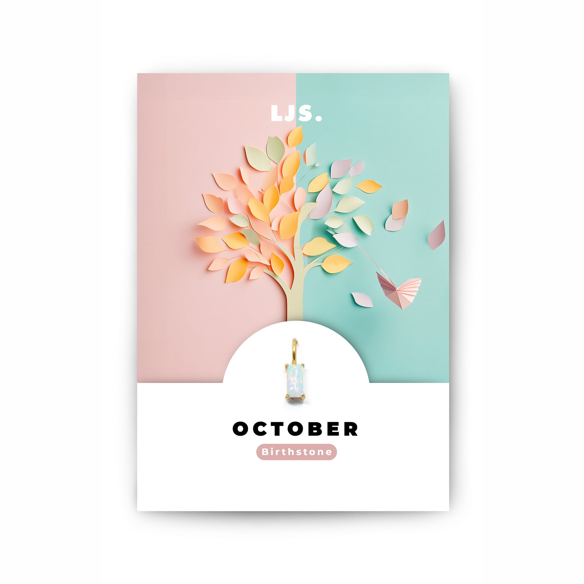 Schmuckanhänger mit Zirkonia-Kristall in Perlenoptik als Geburtsstein für das Monat Oktober, auf einer Geschenkkarte von Little Jewellery Stories