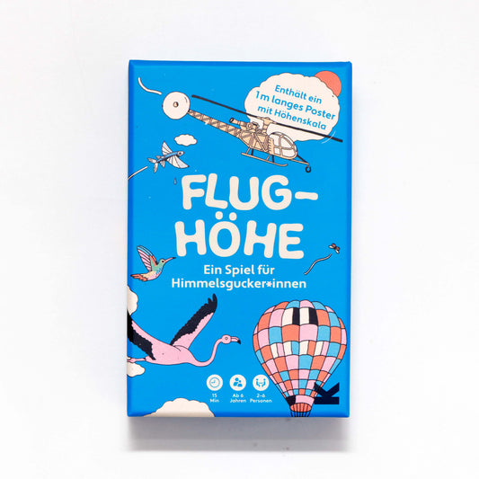 Vorderansicht der Verpackung des Kartenspiels „Flughöhe“ mit Titel, Inhaltsangaben und grundlegenden Spielinformationen.