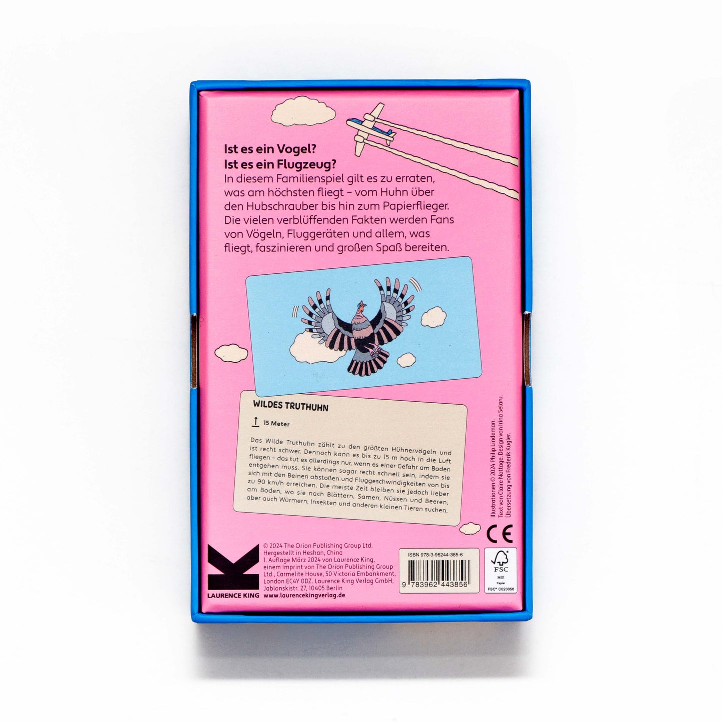 Rückseite der Verpackung des Kartenspiels „Flughöhe“ mit Informationen zum Familienspiel und erklärenden Grafiken.