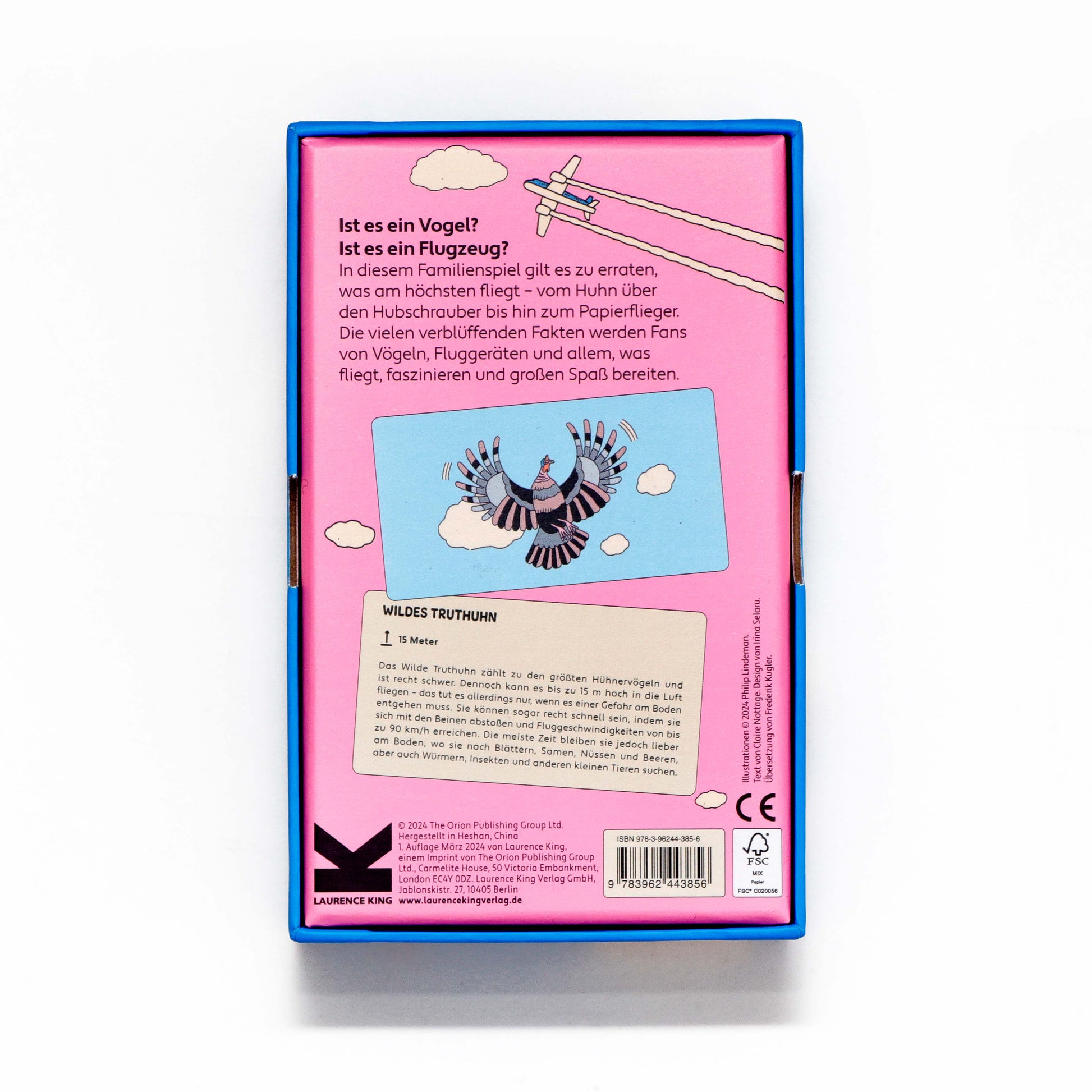 Rückseite der Verpackung des Kartenspiels „Flughöhe“ mit Informationen zum Familienspiel und erklärenden Grafiken.