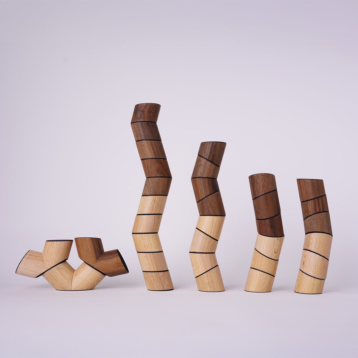 Übersicht der im Loggos Stapelspiel-Set L enthaltenen Steine aus Buchen- und Nussholz