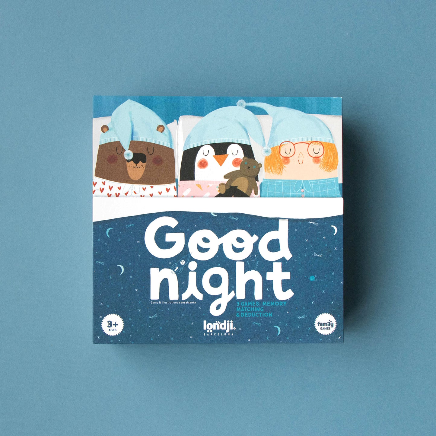 Vorderseite der Verpackung des Brettspiels Good Night mit Tieren von Londji