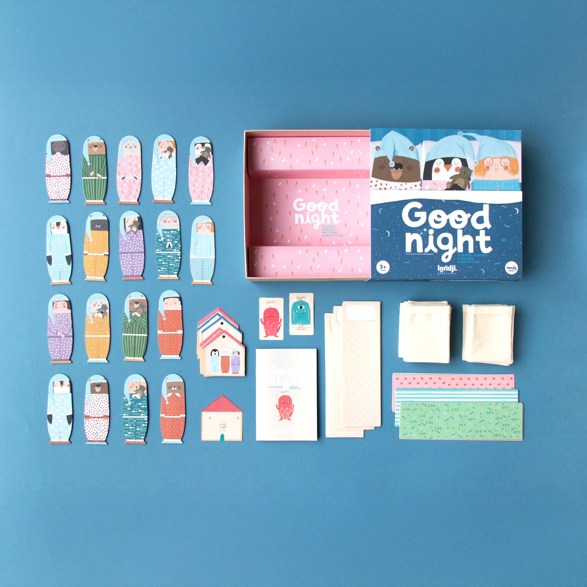 Kompletter Inhalt des Brettspiels Good Night von Londji mit Tieren