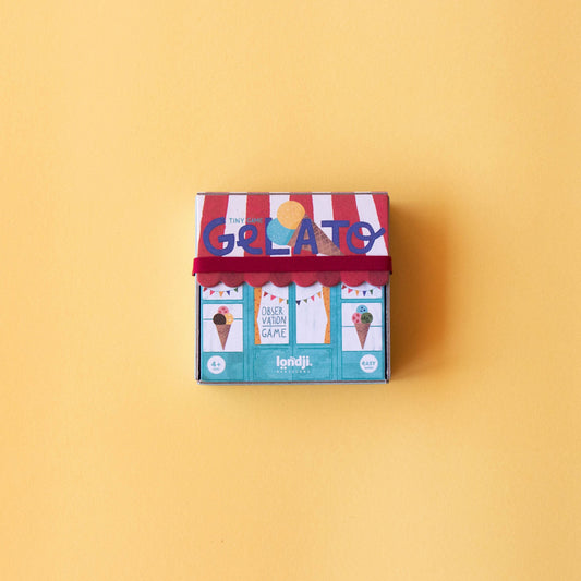 Frontansicht des Mini-Spiels „Gelato“ von Londji mit Illustration einer Eisdiele