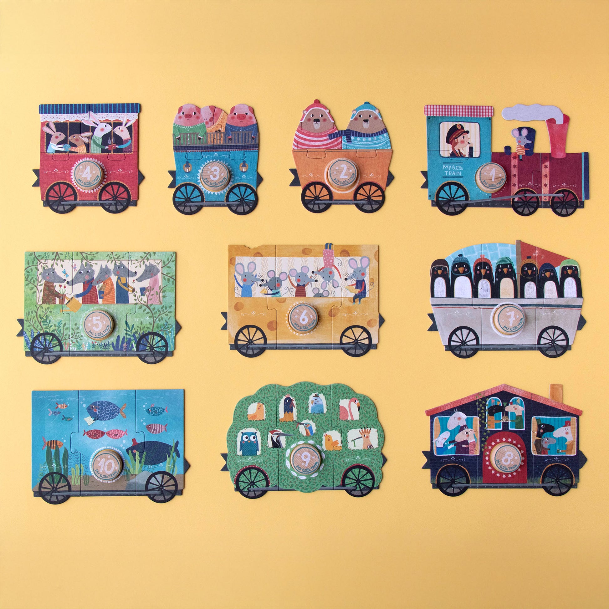 Gesamtansicht aller Wagons aus dem My little train Zug-Puzzle von Londji