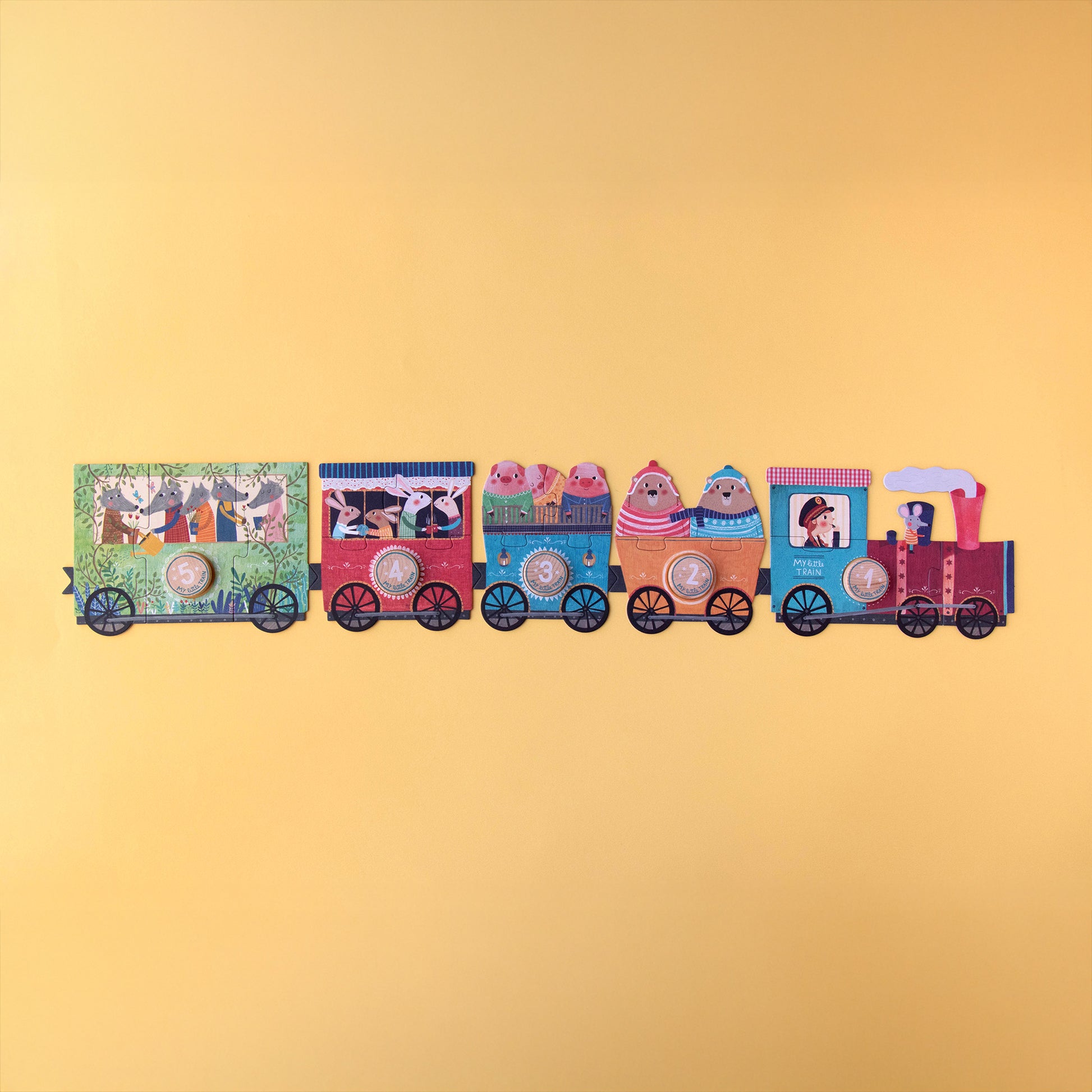 Aneinandergereihte Wagons aus dem My little train Zug-Puzzle von Londji