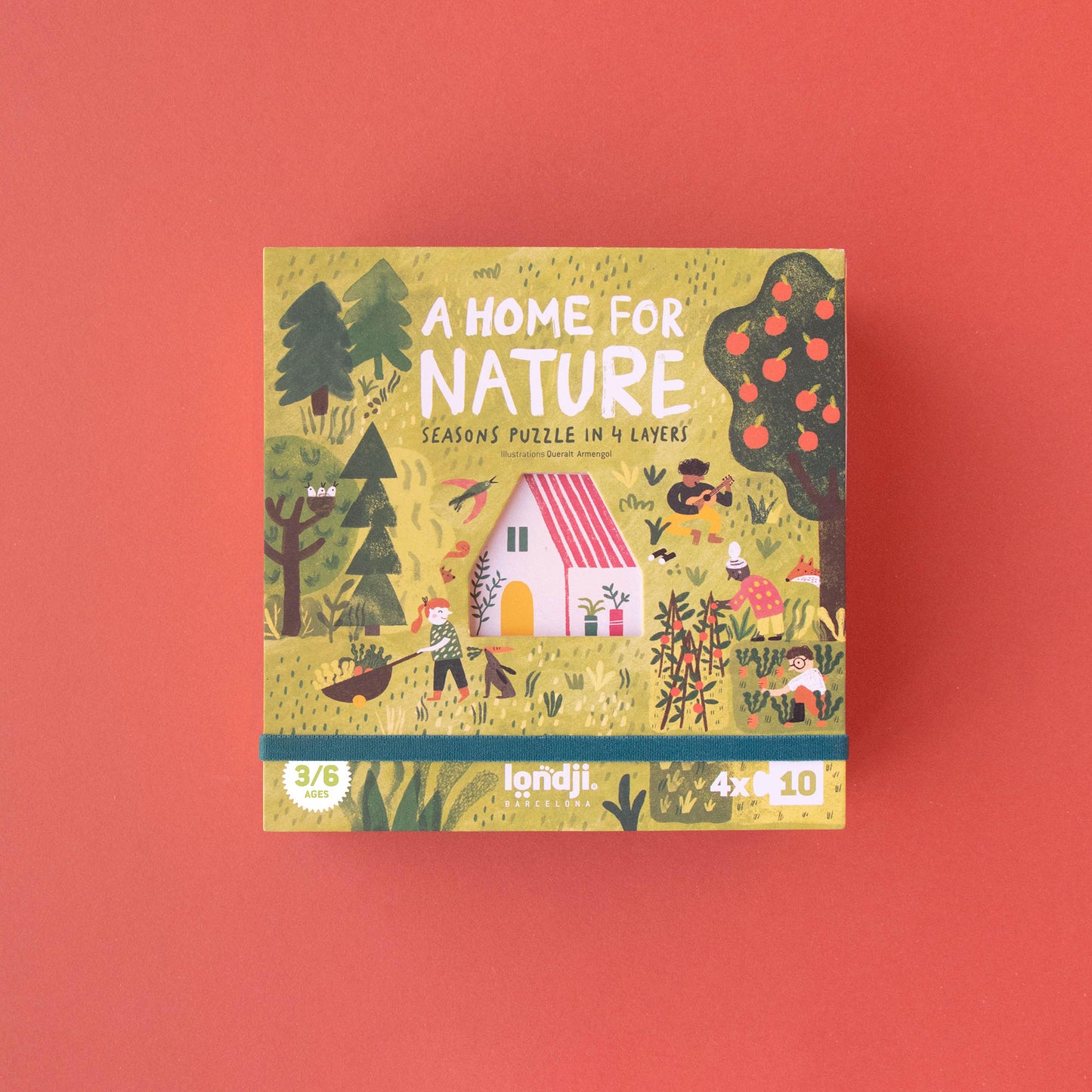 Frontansicht des Spiels „A Home for Nature“ von Londji mit Wald, Garten, Obstbäumen und einem ausgestanzten Haus