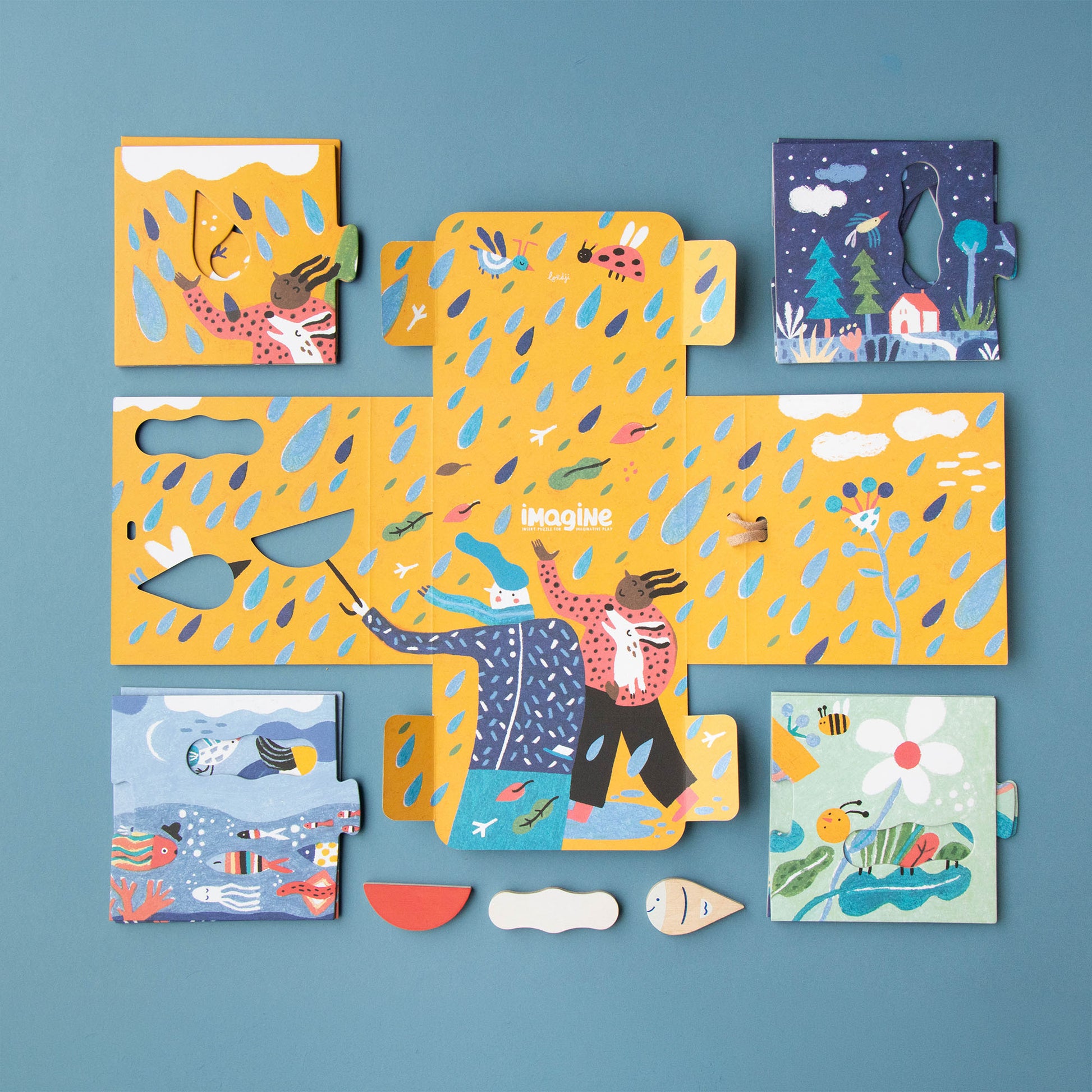 Spiel „Imagine“ von Londji, auseinandergebaute Box mit allen enthaltenen Holzteilen, Story-Karten und der Spielanleitung