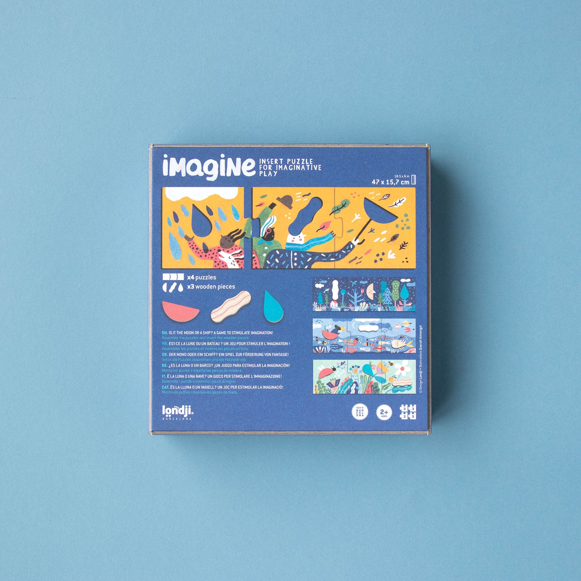 Spiel „Imagine“ von Londji, Rückseite der Box zeigt die Holzteile und die Karten, die kreativ zusammengesetzt werden können