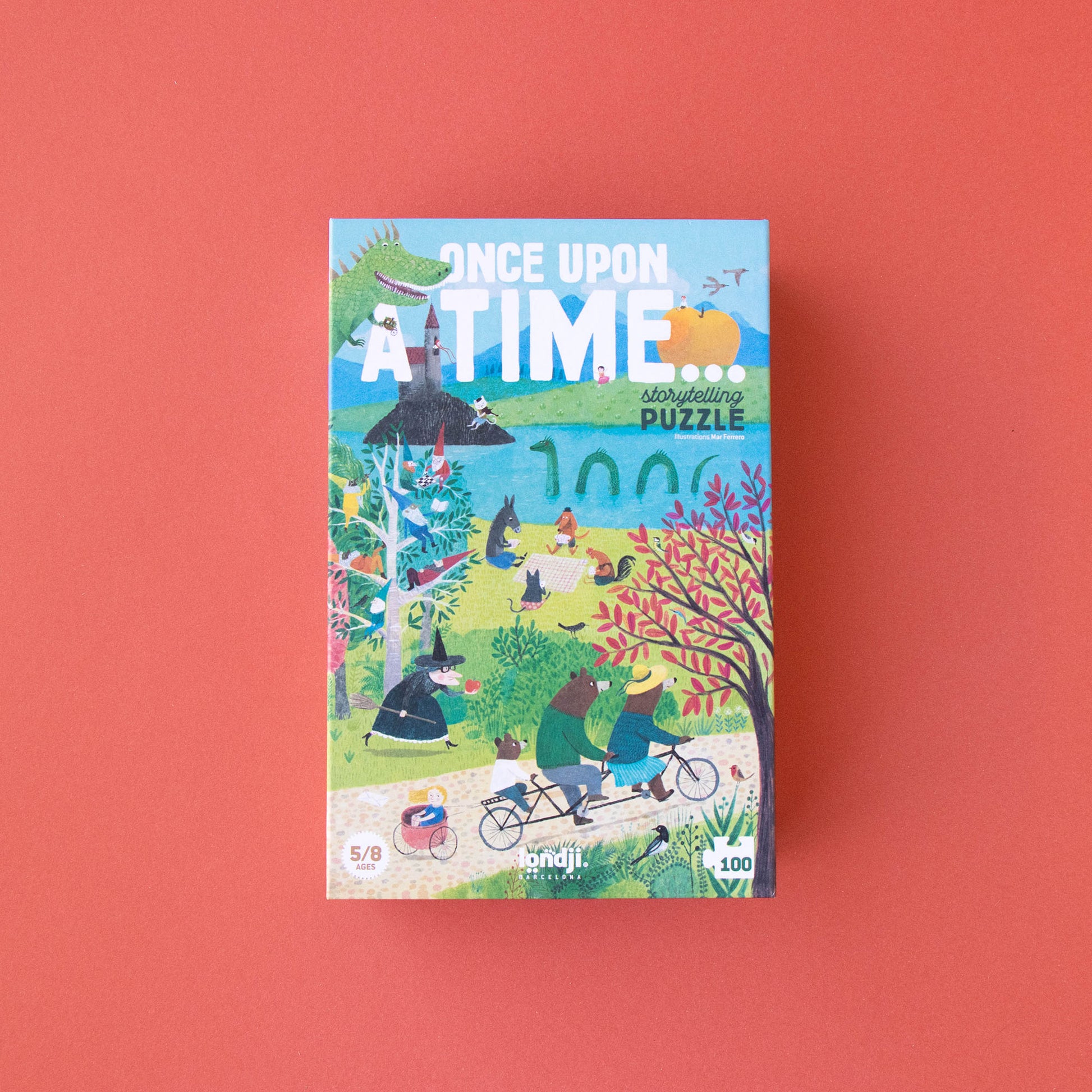 Frontansicht des Puzzles „Once Upon a Time“ von Londji mit bunten Märchenillustrationen von Wald, See und verschiedenen Figuren