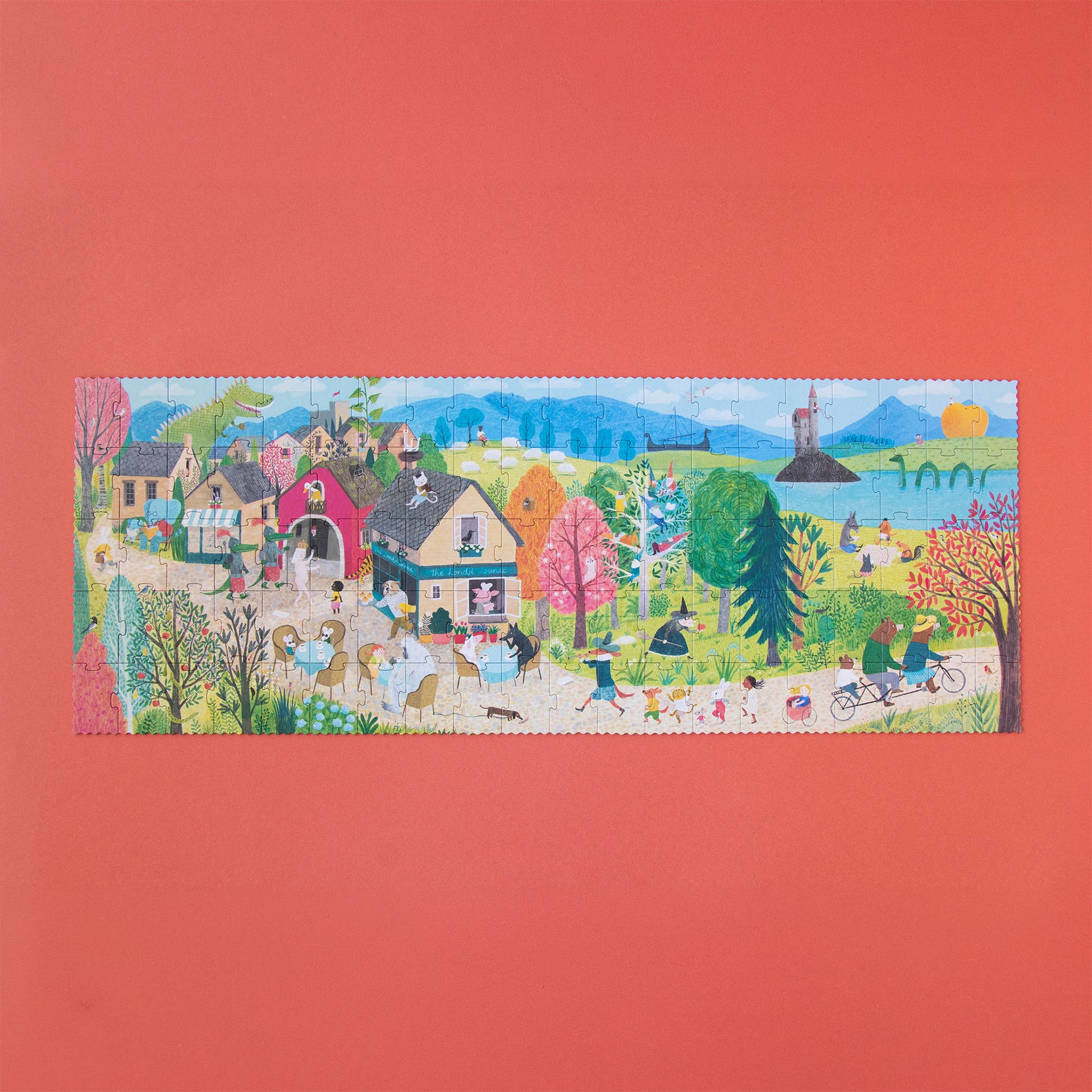 Zusammengebautes Puzzle „Once Upon a Time“ von Londji mit bunten Märchenillustrationen von Wald, See und Fantasiefiguren