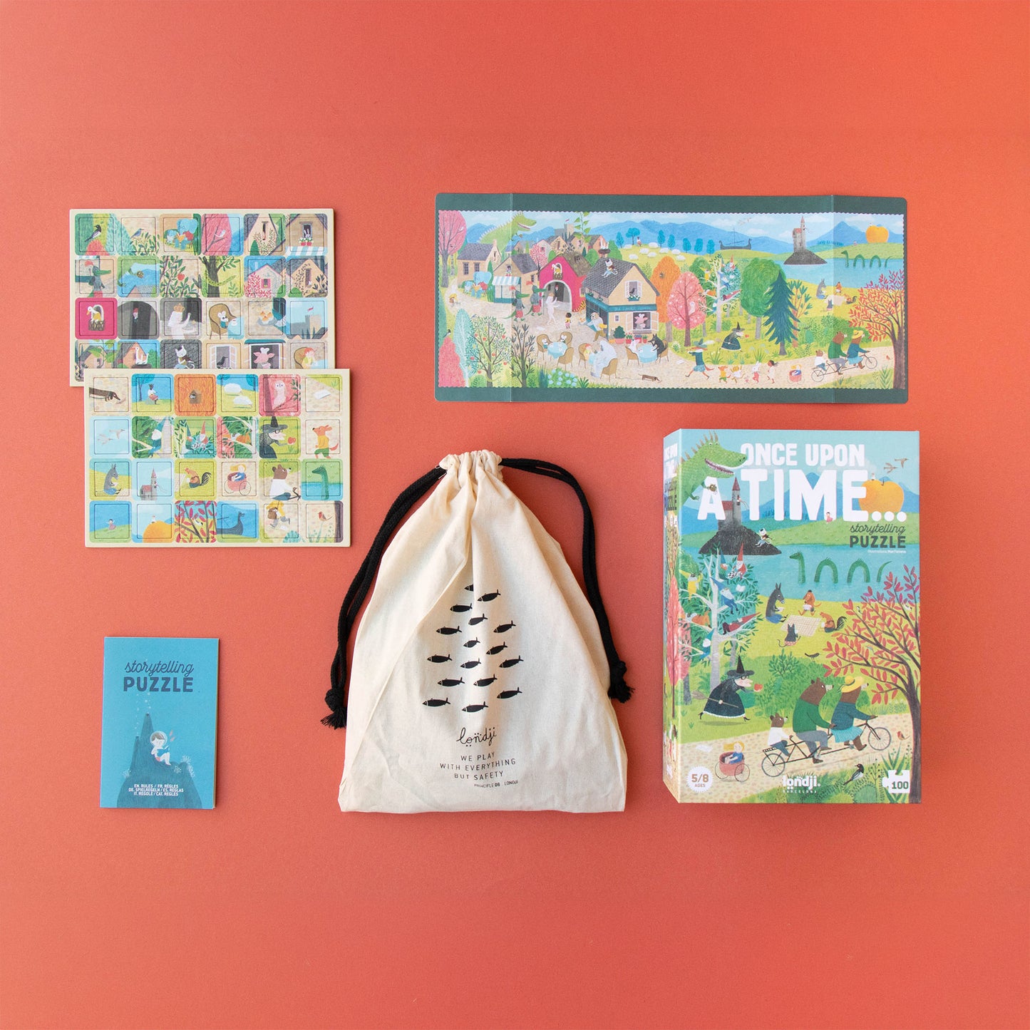 Ausgepacktes Puzzle „Once Upon a Time“ von Londji mit Box, Anleitung, Aufbewahrungssäckchen, Referenzbild und kleinen „Look & Find“-Karten