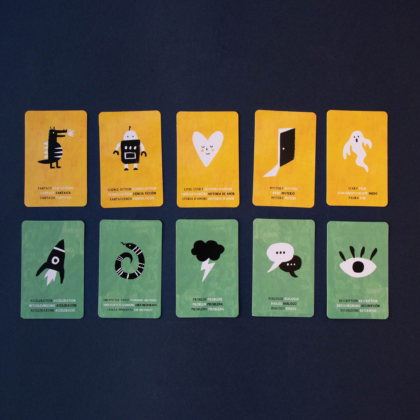 Detailansicht der Aktionskarten aus dem Spiel „Stories“ von Londji mit gelben Genrekarten und grünen Rhythmuskarten