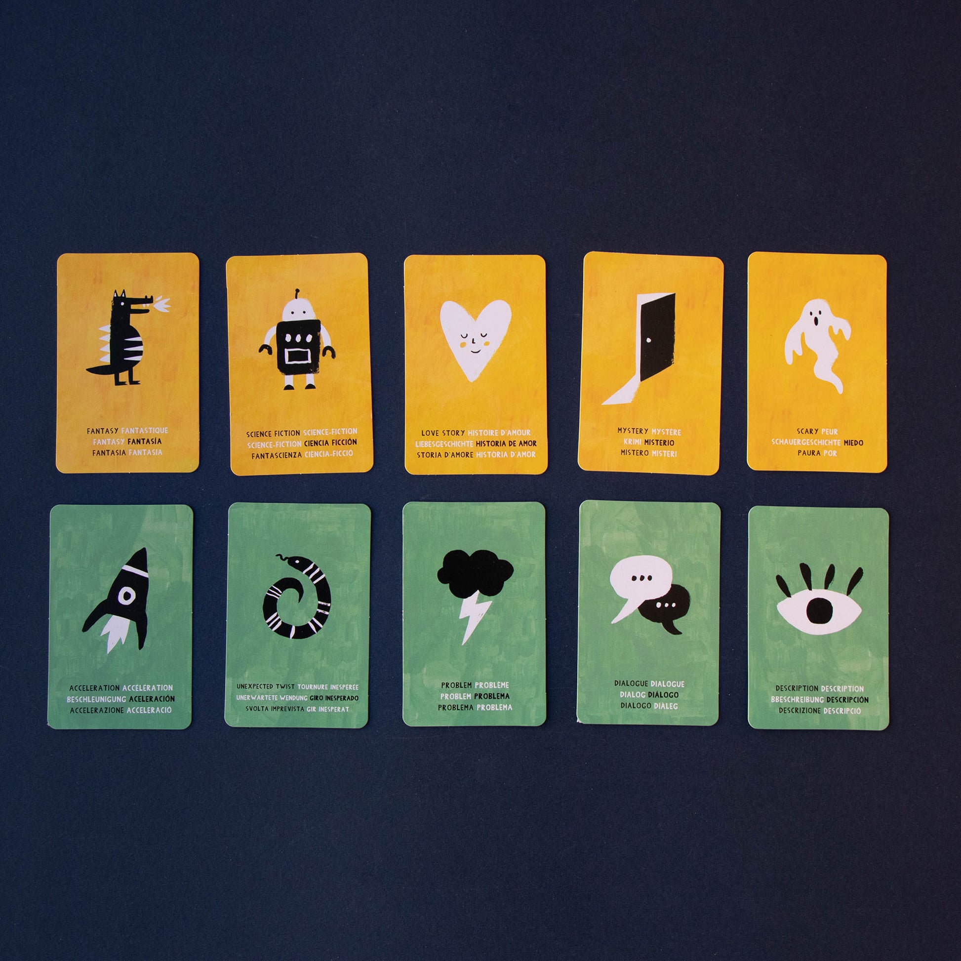 Detailansicht der Aktionskarten aus dem Spiel „Stories“ von Londji mit gelben Genrekarten und grünen Rhythmuskarten