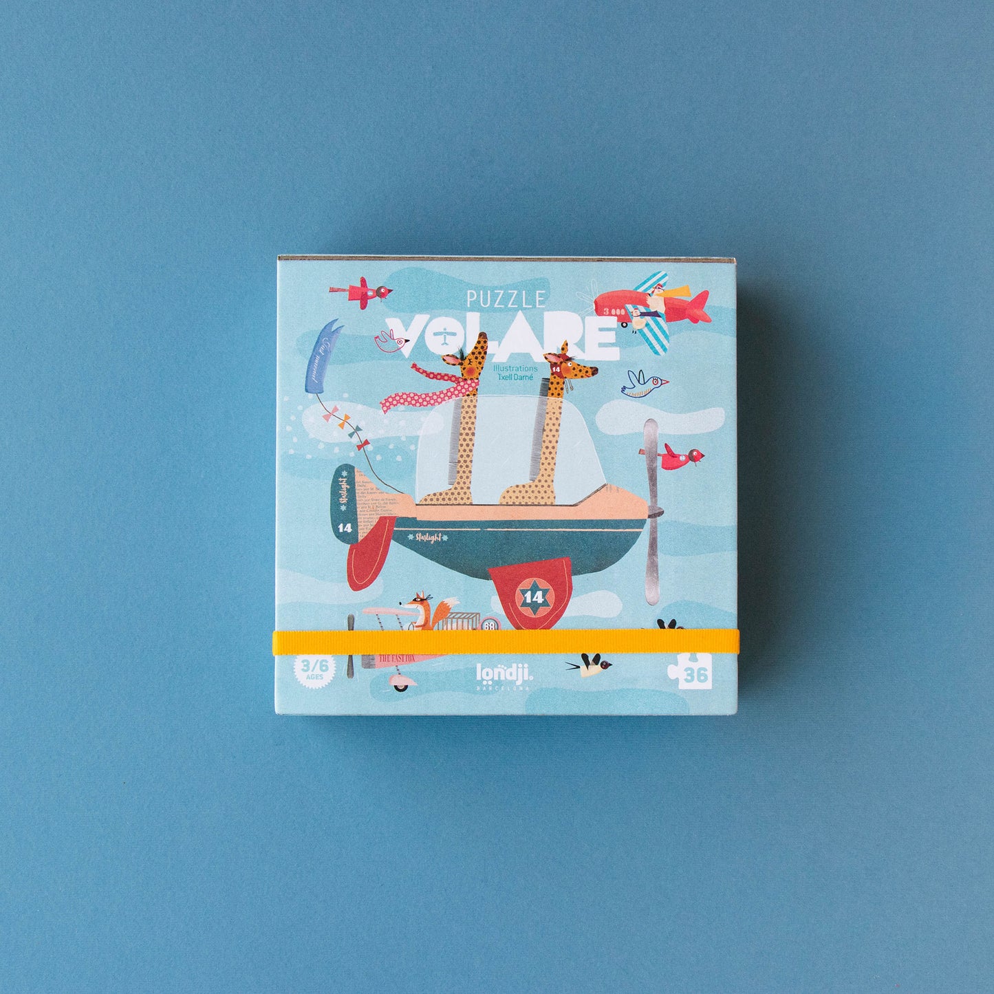 Vorderseite der Verpackung des Volare Flugzeug-Puzzles mit Flugzeugen und Tieren von Londji