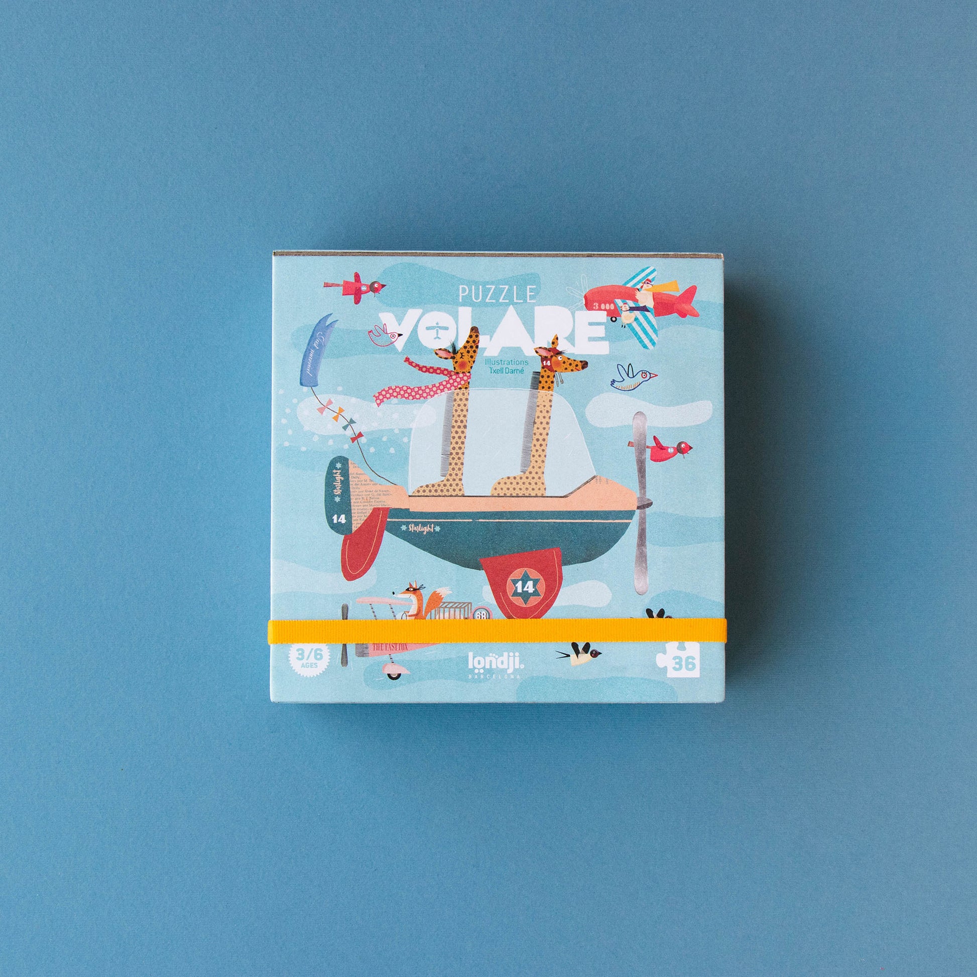 Vorderseite der Verpackung des Volare Flugzeug-Puzzles mit Flugzeugen und Tieren von Londji