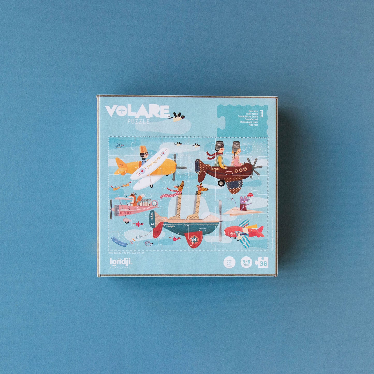 Rückseite der Verpackung des Volare Flugzeug-Puzzles mit Flugzeugen und Tieren von Londji