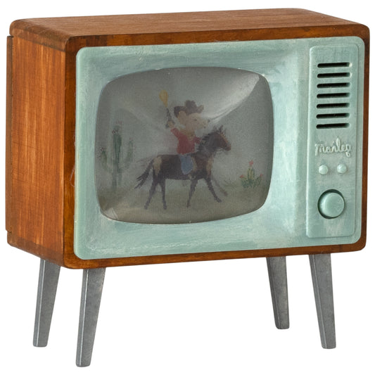 Kleiner Miniatur-Fernseher für das Maileg Mäusehaus seitlich dargestellt 