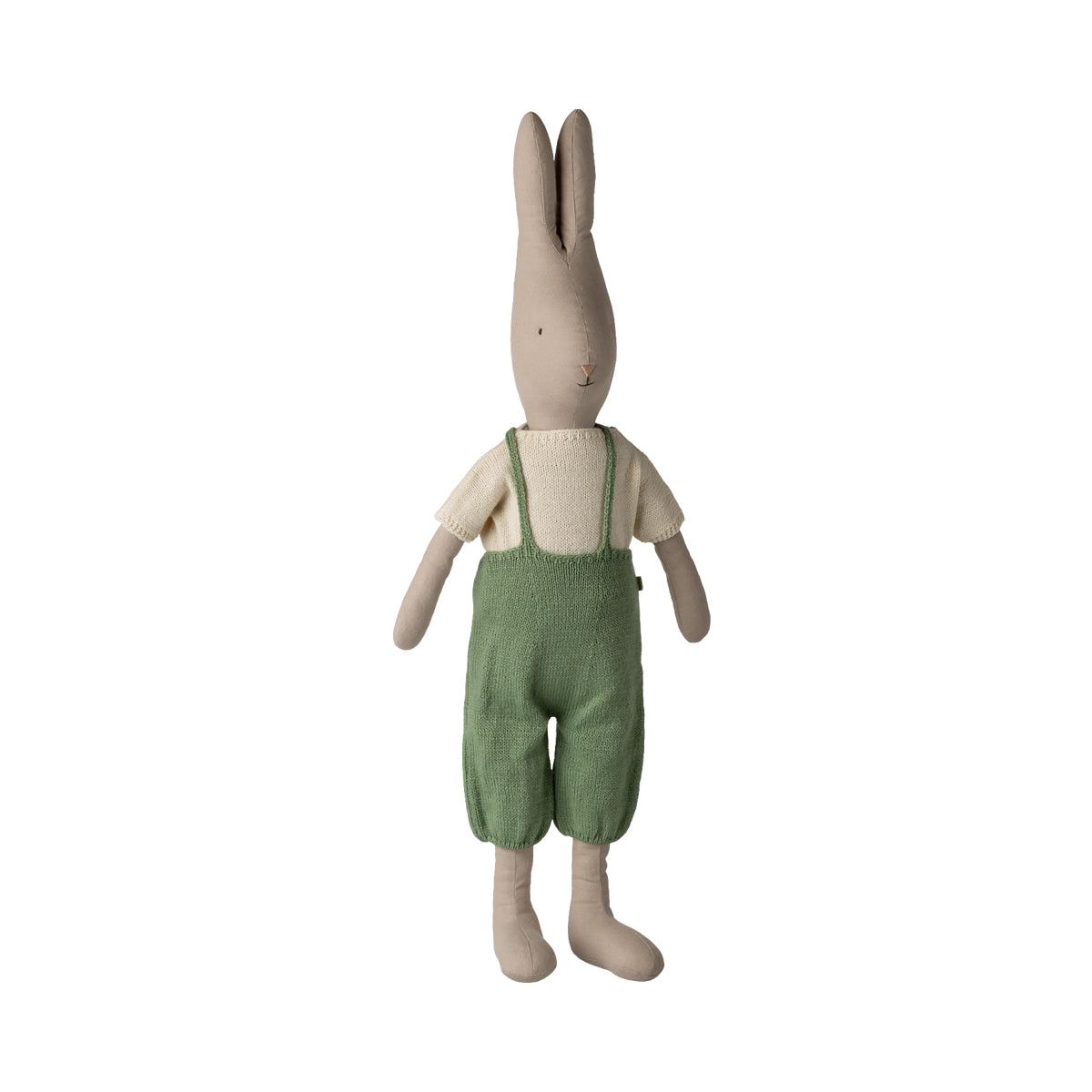 Stoffkaninchen mit weißem Strickshirt und grünem Strick-Overall, detailreiches Spielzeug für Kinderzimmer oder Sammlung