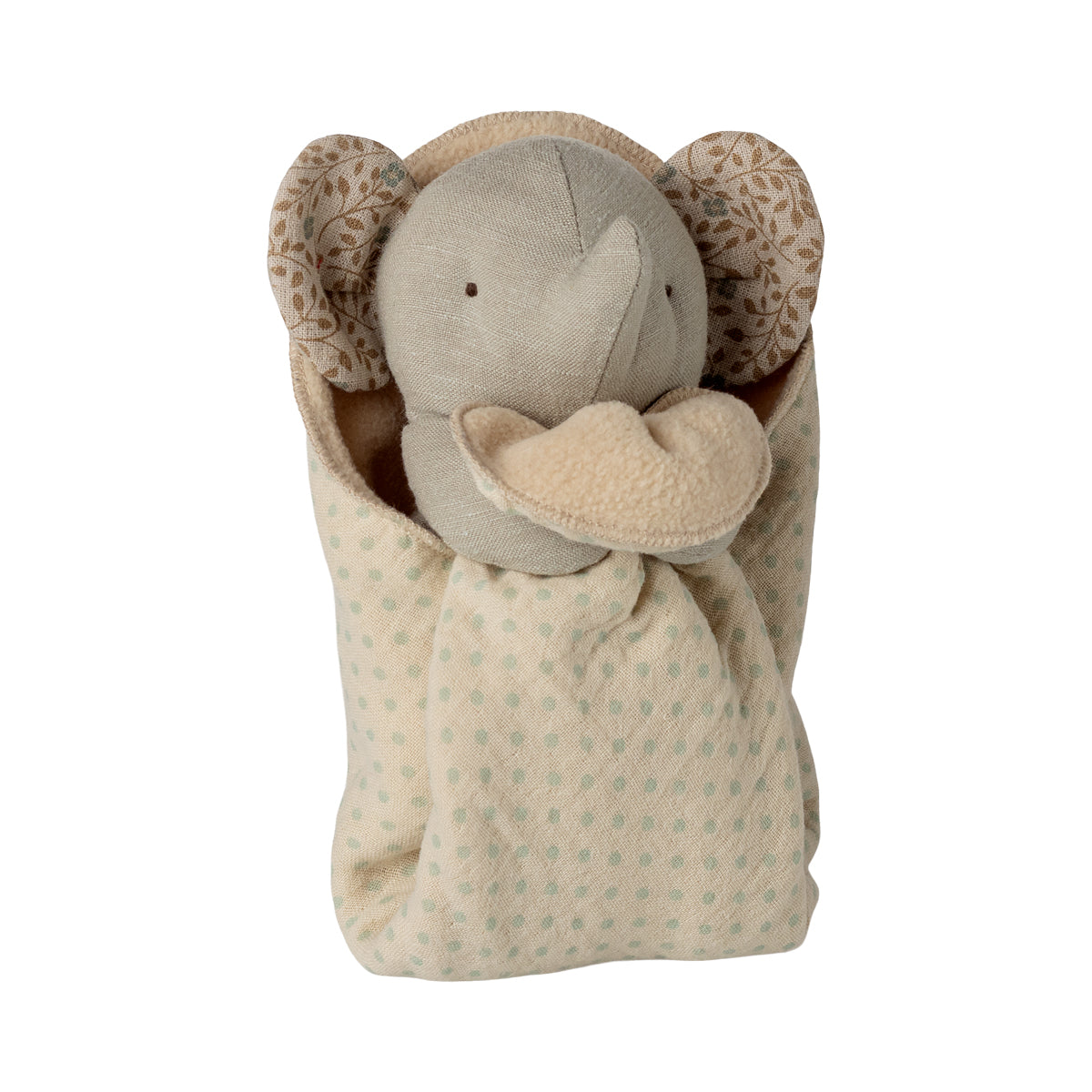 Maileg Mini Stoffelefant in grau/blau mit gemusterten Ohren, in Kuscheldecke mit flauschiger Innenseite in Beige und Leinen-Außenseite mit mint farbenen Punkten, liebevoll gestaltetes Baby Geschenk
