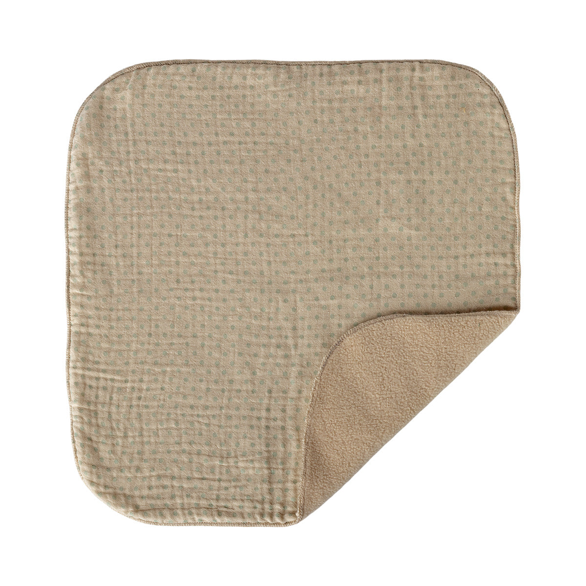 Maileg Kuscheldecke im Detail, umgeschlagen dargestellt mit weicher Innenseite und Leinen-Außenseite mit mintfarbenen Punkten