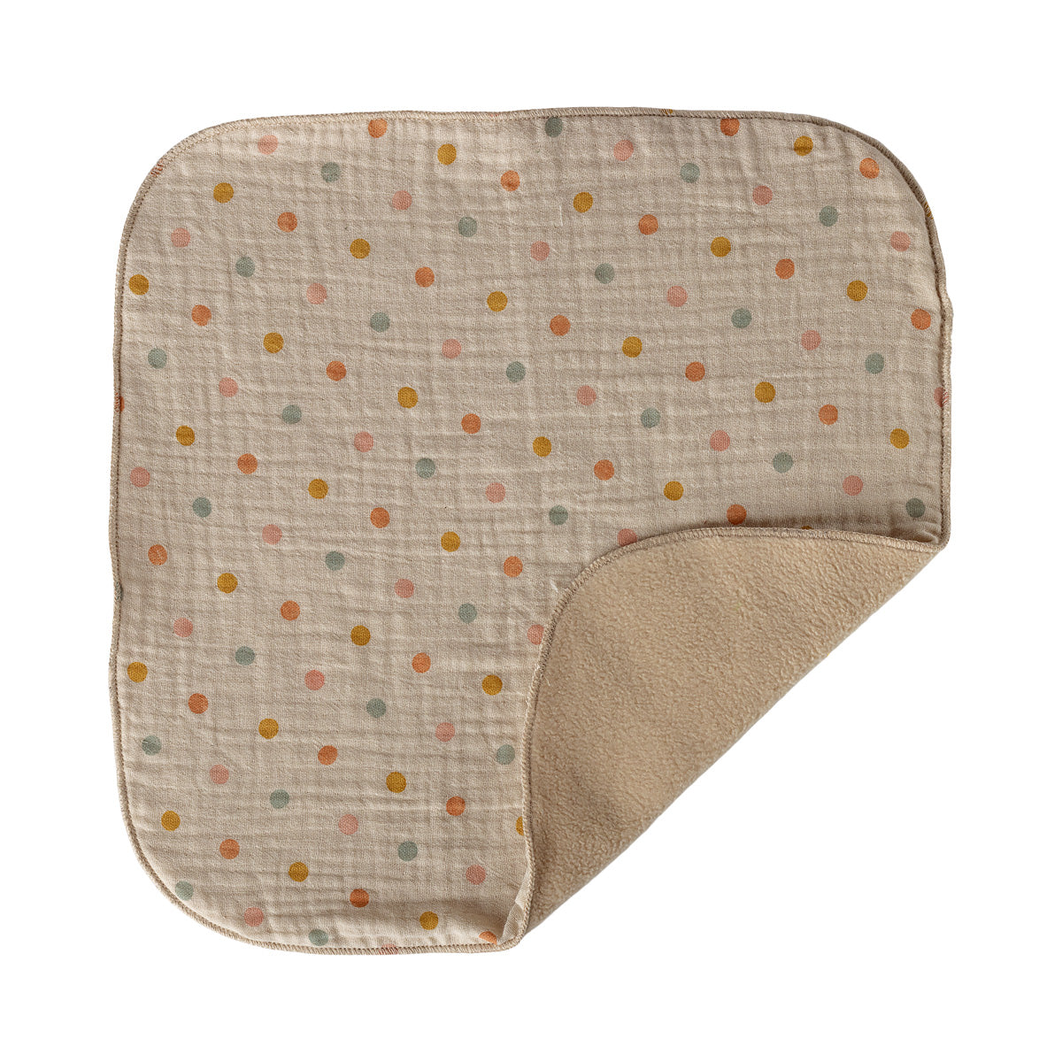 Maileg Kuscheldecke im Detail, umgeschlagen dargestellt mit weicher Innenseite und Leinen-Außenseite mit bunten Punkten