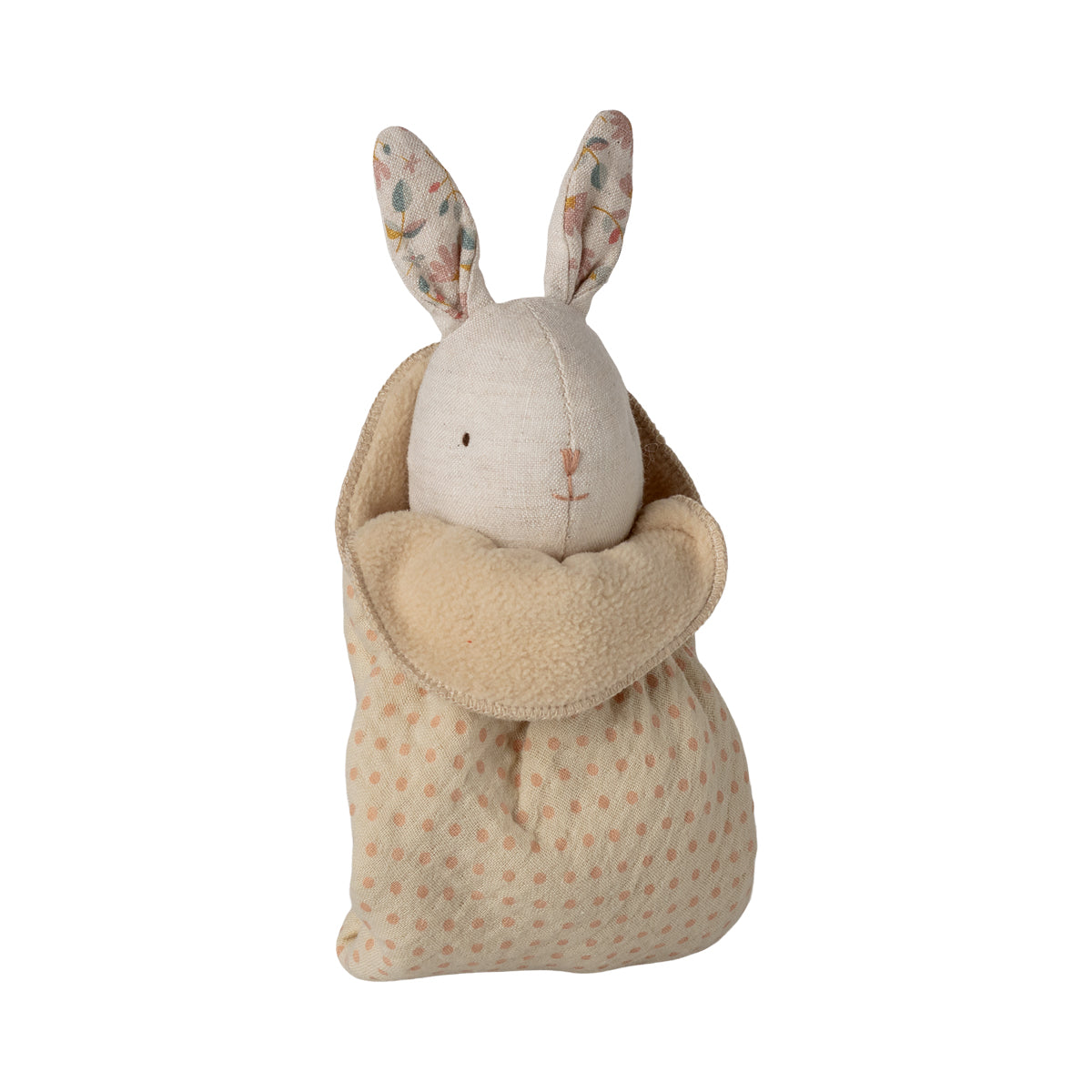 Maileg Mini Stoffhase in Natur mit gemusterten Ohren, in Kuscheldecke mit flauschiger Innenseite in Beige und Leinen-Außenseite mit rosa Punkten, liebevoll gestaltetes Baby Geschenk