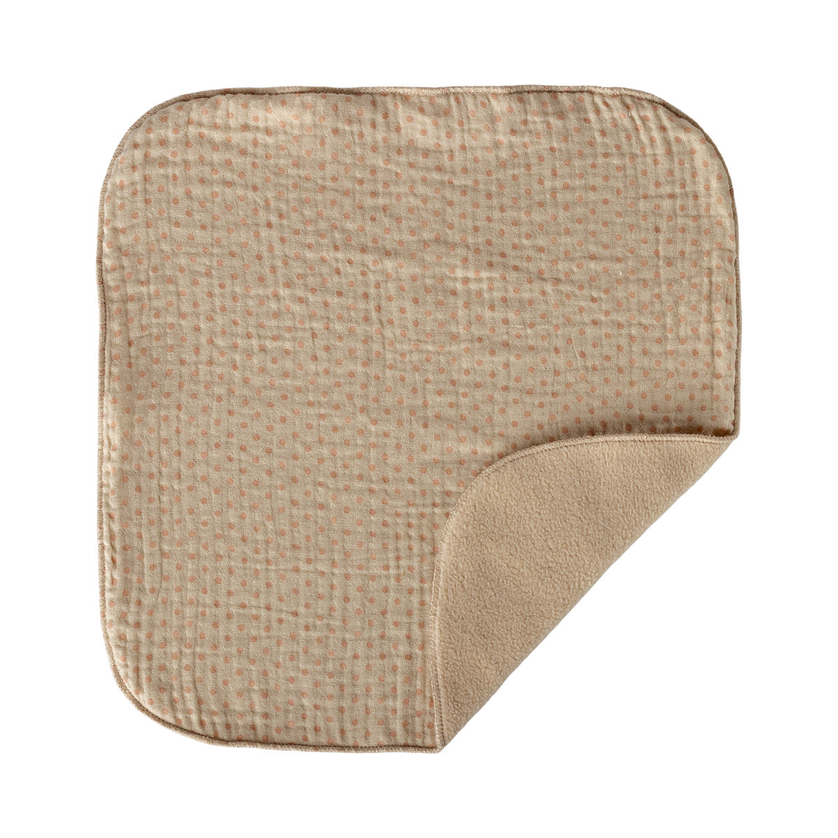 Maileg Kuscheldecke im Detail, umgeschlagen dargestellt mit weicher Innenseite und Leinen-Außenseite mit rosa Punkten
