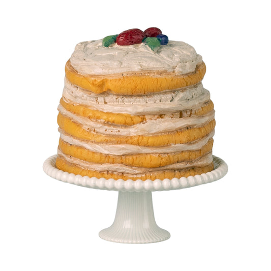 Maileg Miniatur-Kuchen mit Obstdekor auf weißer Kuchenplatte, detailreiches Puppenhaus-Zubehör für Küche und Café-Szenen