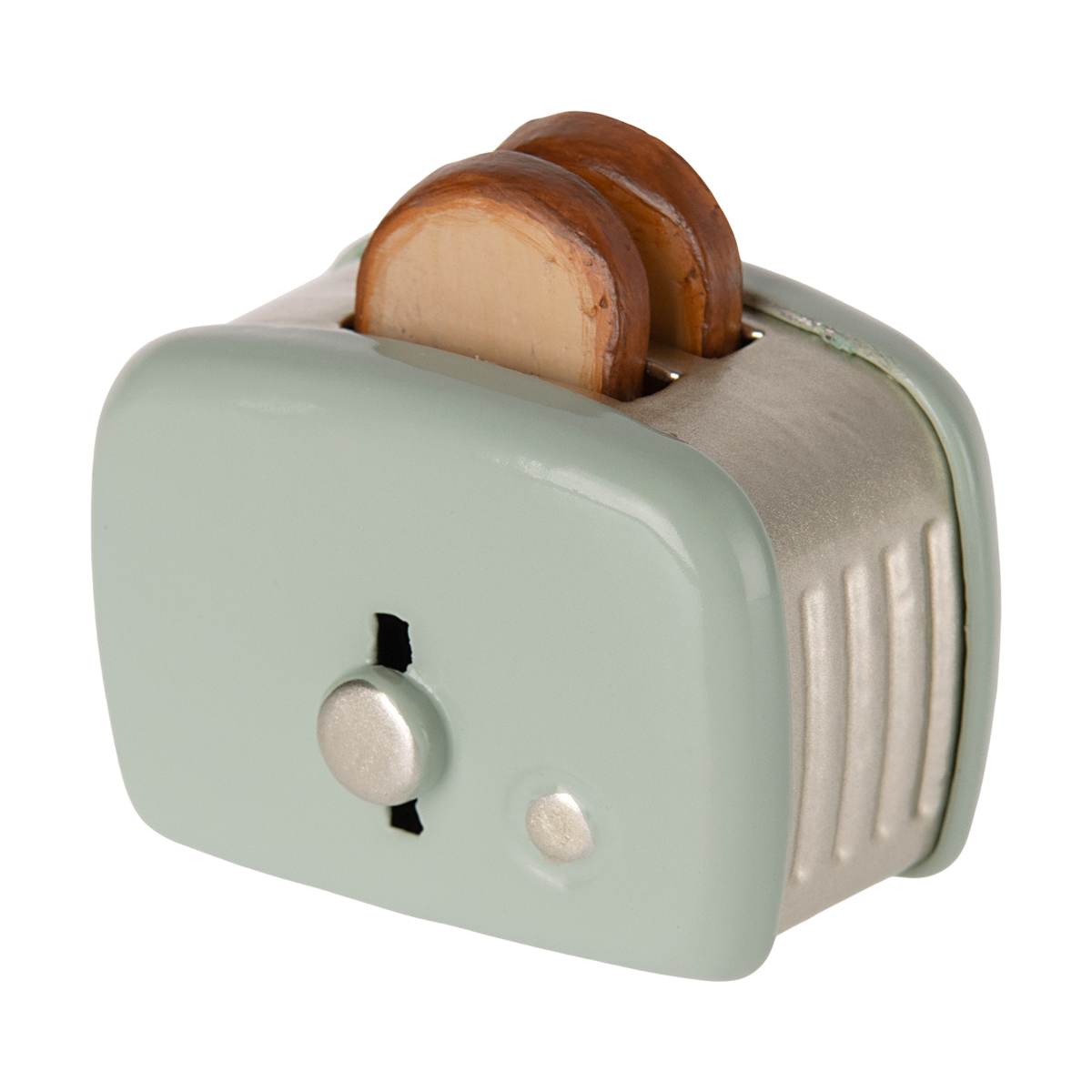 Mintfarbener Maileg Mini-Toaster mit zwei Toastscheiben im Toaster