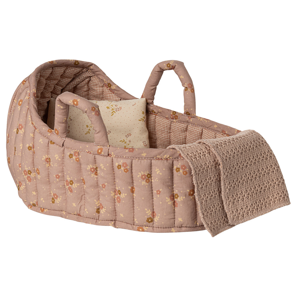 Tragbares Kuscheltierbett in Rosa mit Blümchen, inklusive Kissen und Decke