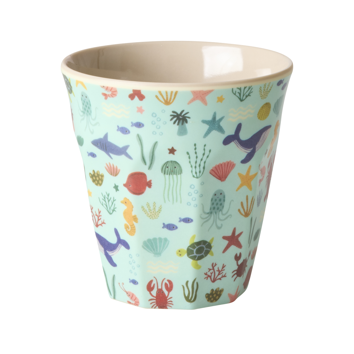 Rice Melaminbecher in Größe Medium, blau mit Meerestier-Motiv außen und grauen Innenbereich, ideal für Kinder