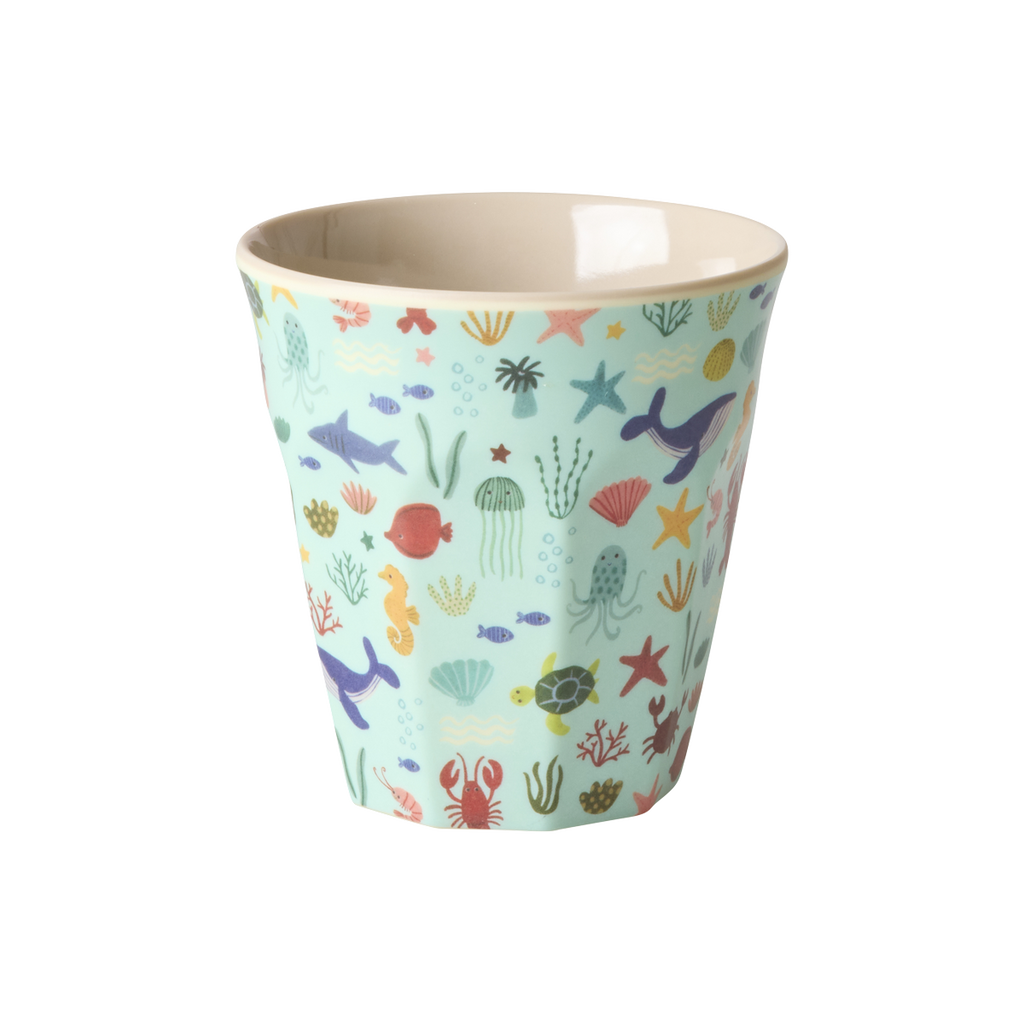 Melaminbecher von Rice in Small, in Blau mit Meerestier-Design außen und grauer Innenfarbe