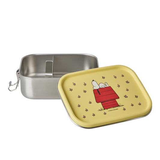 Lunchbox von Rice mit gelbem Deckel und fröhlichem Snoopy-Motiv im nostalgischen Peanuts-Design, ideal für Snacks und kleine Mahlzeiten unterwegs