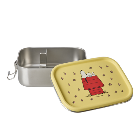 Lunchbox von Rice mit gelbem Deckel und fröhlichem Snoopy-Motiv im nostalgischen Peanuts-Design, ideal für Snacks und kleine Mahlzeiten unterwegs