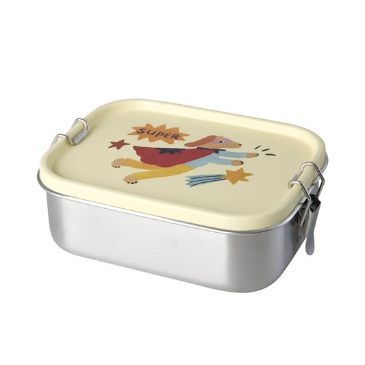 Edelstahl-Lunchbox mit zwei Fächern und gelbem Deckel mit Superhelden-Hund, praktische Snackbox für Kinder