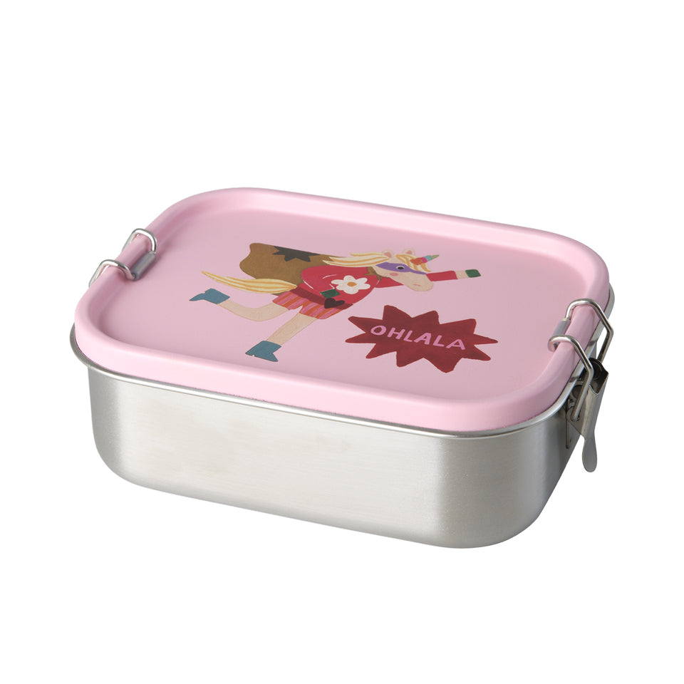 Edelstahl-Lunchbox mit zwei Fächern und rosa Deckel mit Superhelden-Einhorn, praktische Snackbox für Kinder