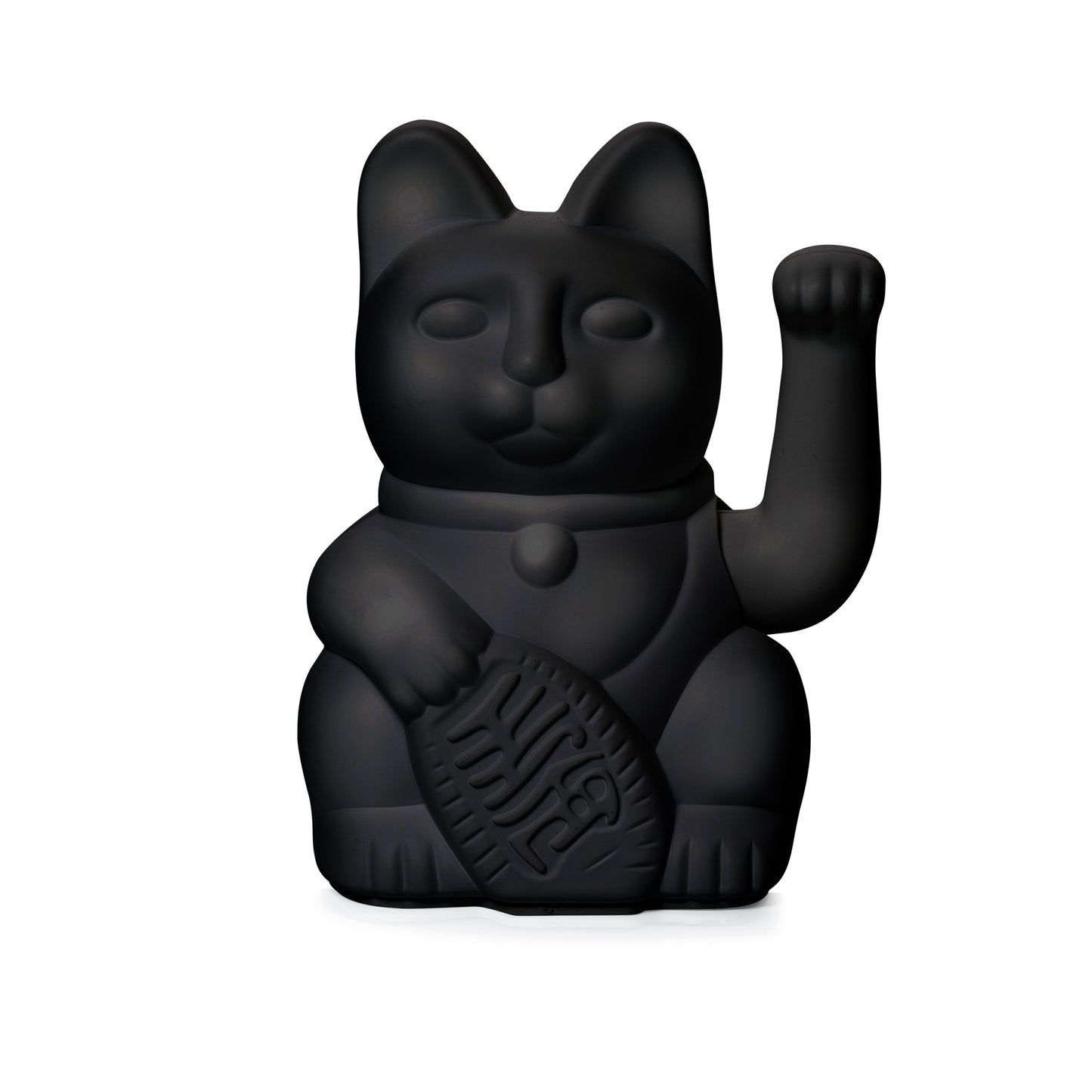 Matte schwarze Winkekatze „Lucky Cat“ von Donkey in der Größe Regular vor weißem Hintergrund.